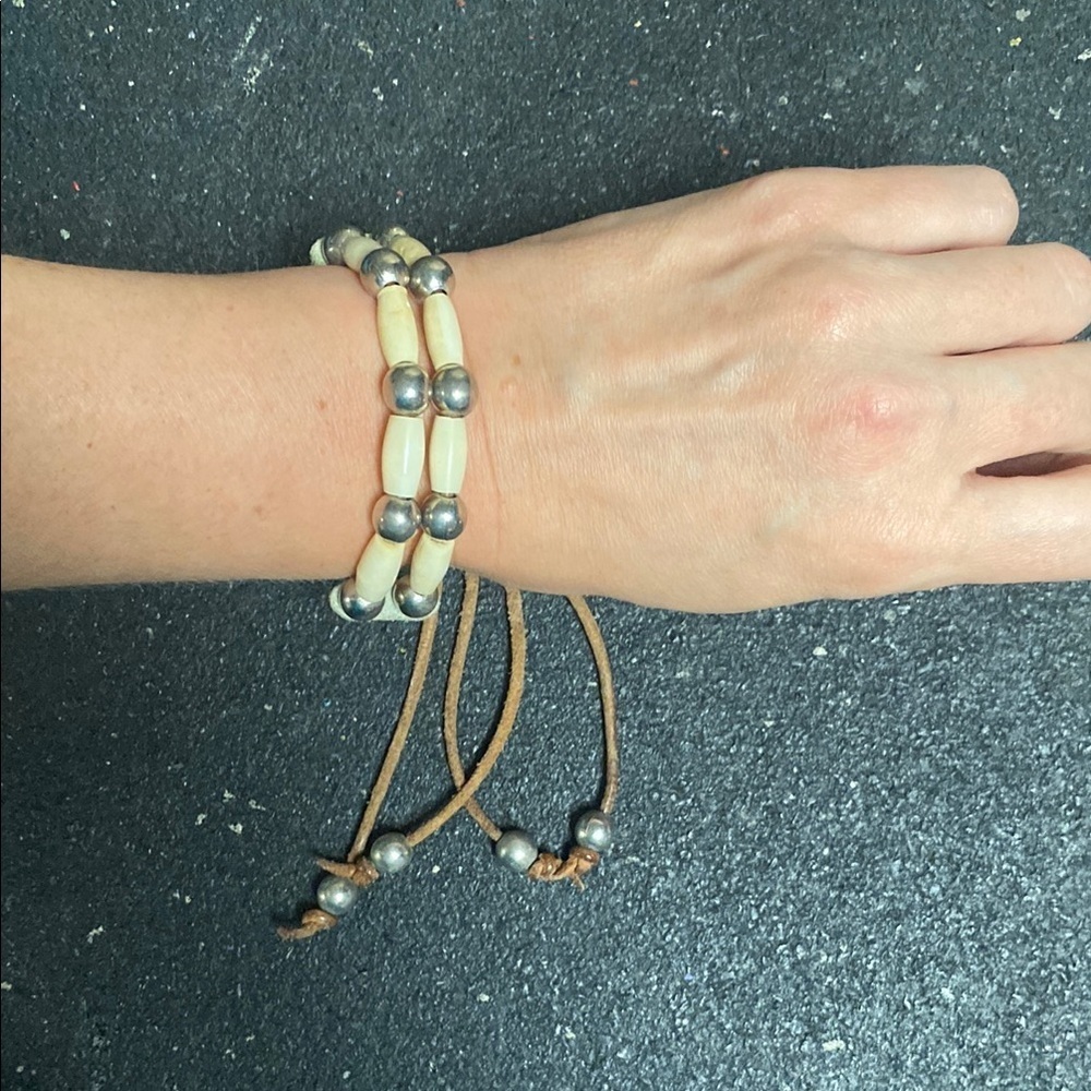 Cream , Blue and Silver Beaded Bracelet